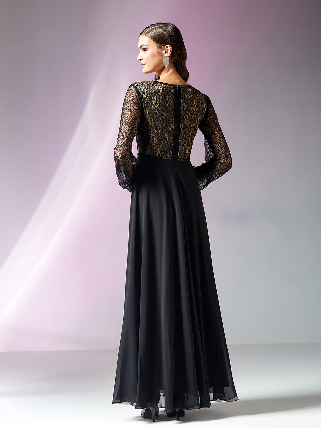 Black Lace Self-Design Georgette Fit & Flare Maxi Dress with Balloon Sleeves for Women