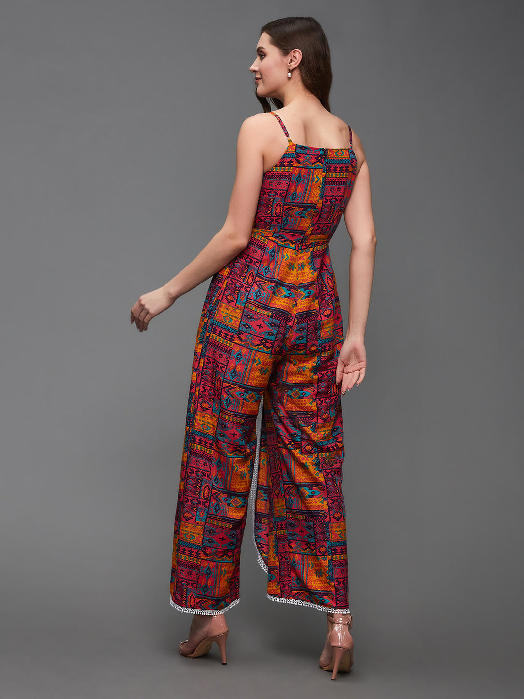 Women's Multicolored-Base-Wine Round Neck Cowl Sleeve Floral Wide-leg Viscose-Rayon Regular Length Jumpsuit