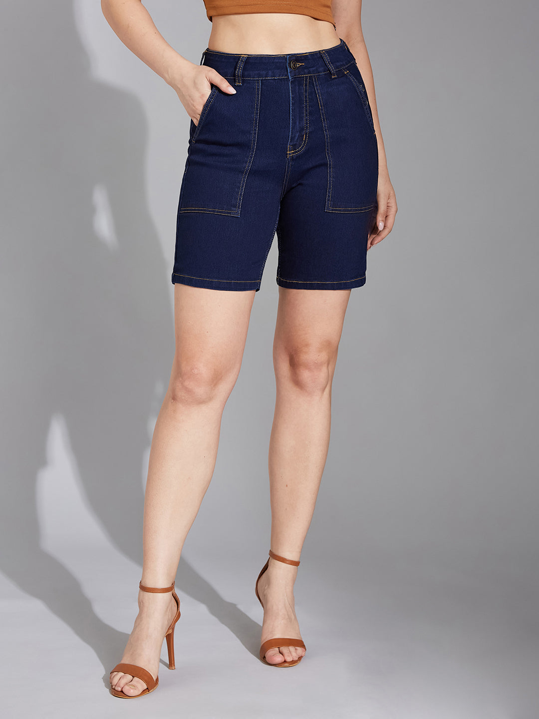 Women's Navy Blue Regular High-Rise Clean-Look Above-Knee Stretchable Denim Shorts