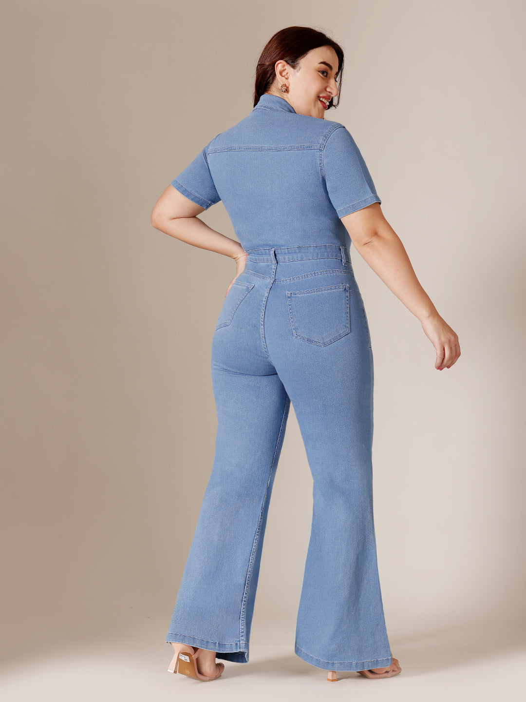 Light-Blue Flared High-Rise Stretchable Denim Jumpsuit for Women