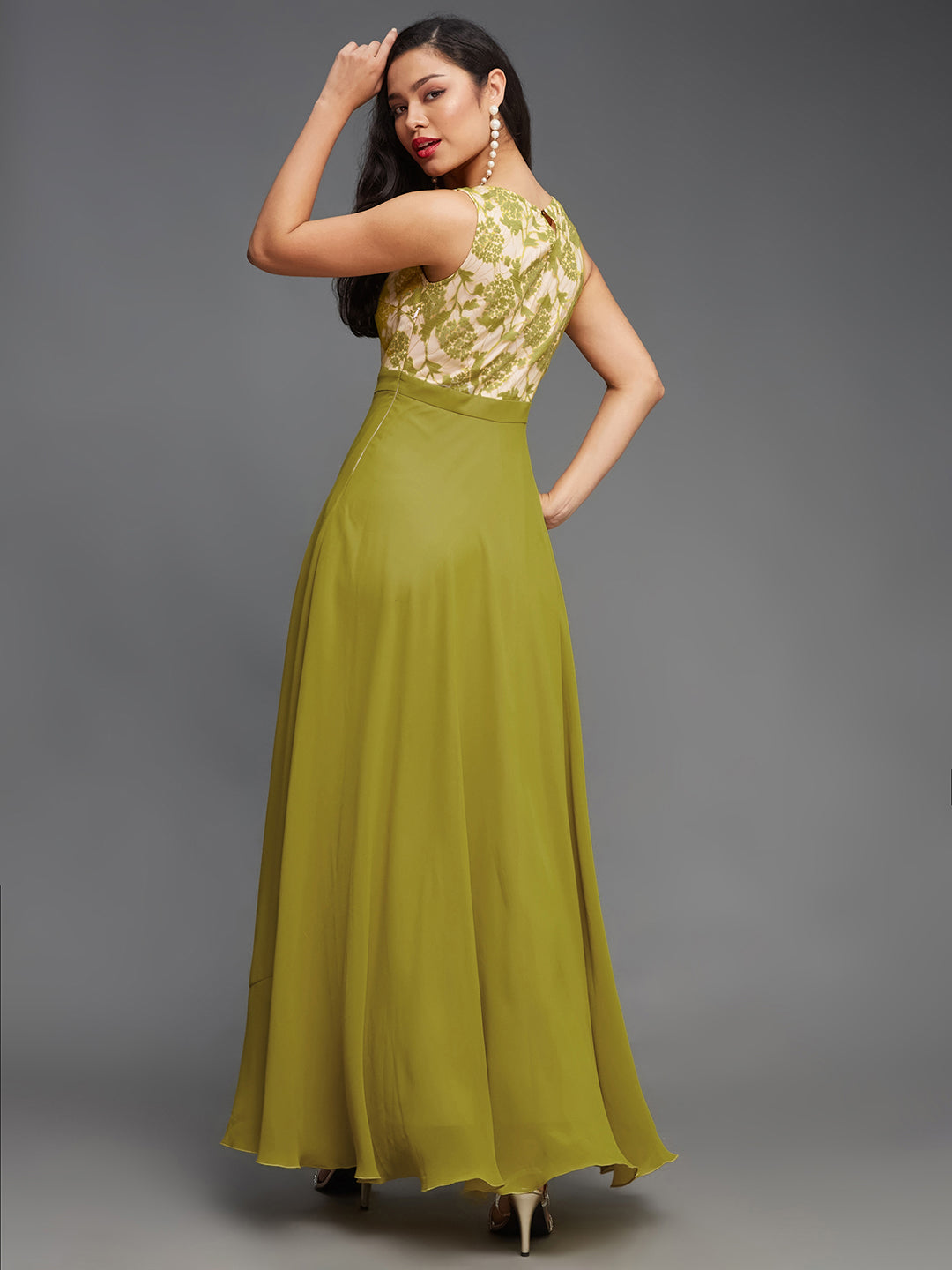 Women's Lemon Green Round Neck Sleeveless Georgette Floral Lace Fit & Flare Maxi Dress