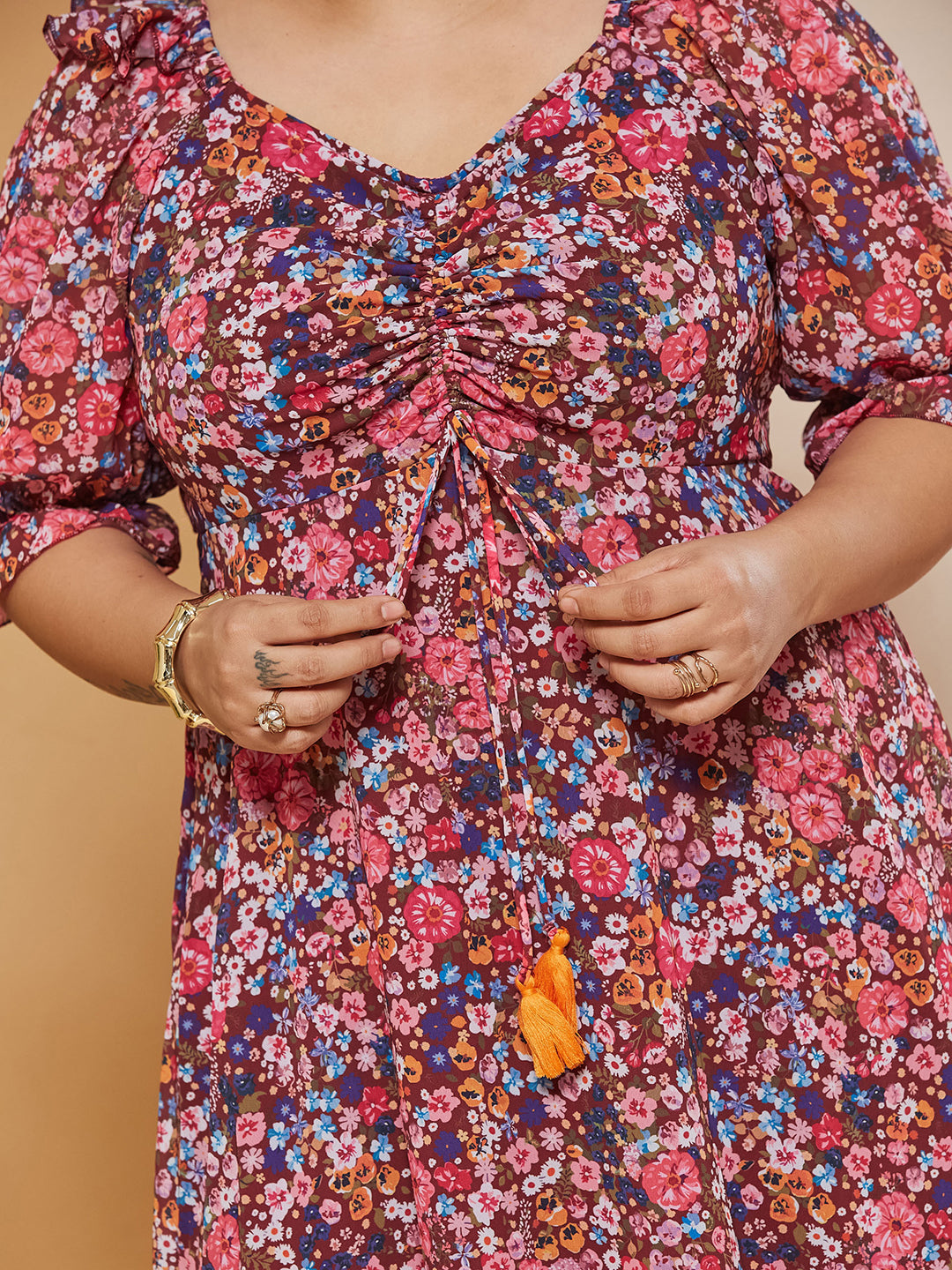 Multicolored-Base-Wine V-Neck Puff-Sleeves Floral Ruching Ankle-Length Dress for Women