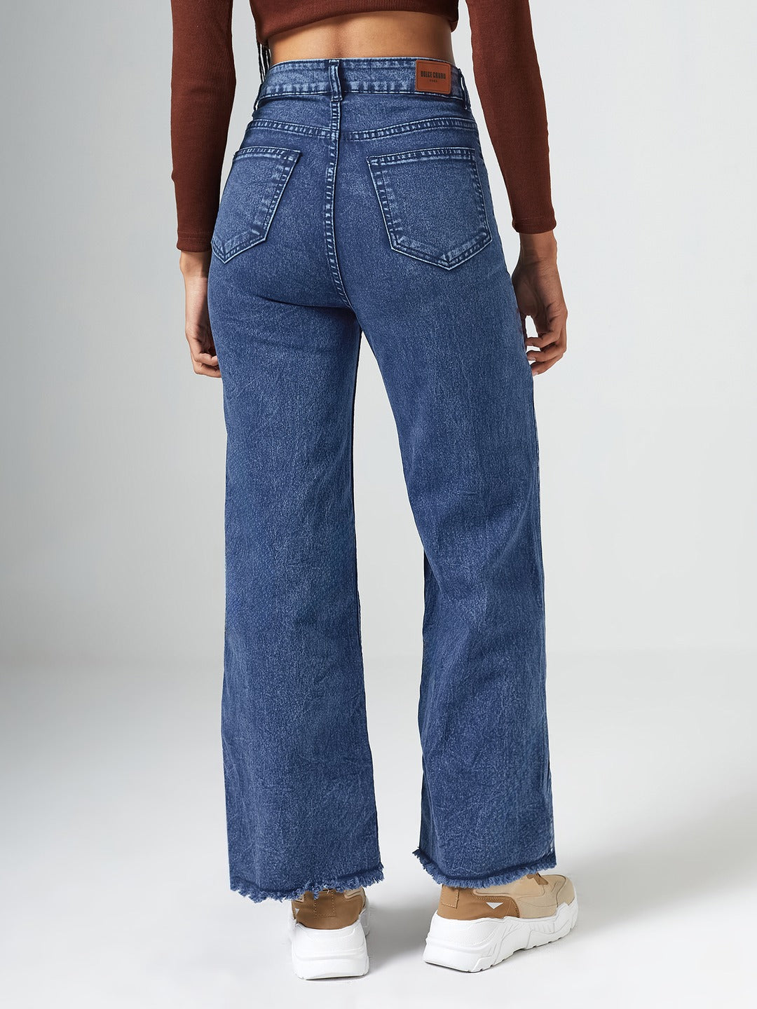 Navy-Blue Wide-Leg High Rise Regular-Length Stretchable Denim Jeans for Women