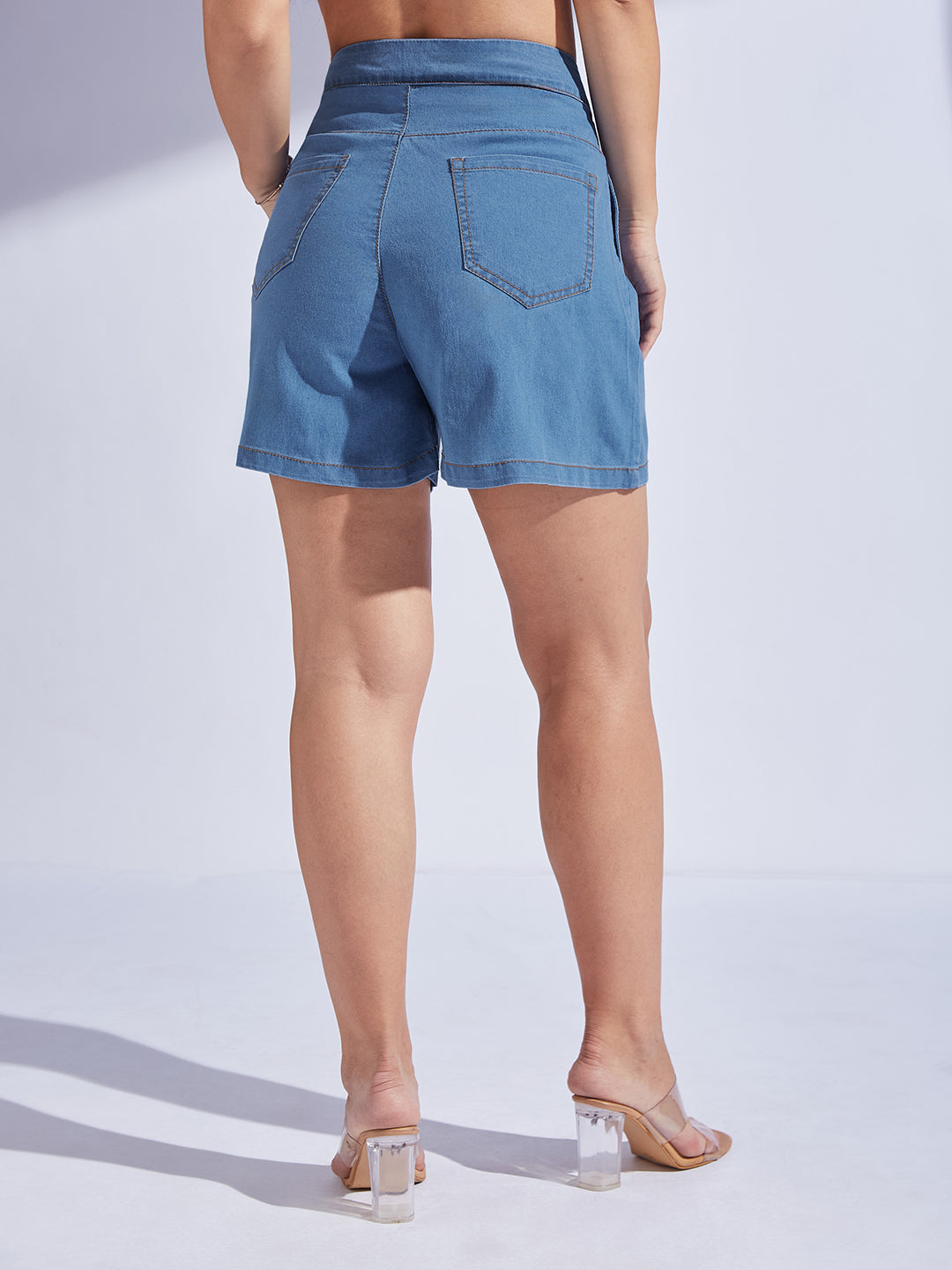 Women's Blue Flared High-Rise Stretchable Special Light-Weight Denim Shorts