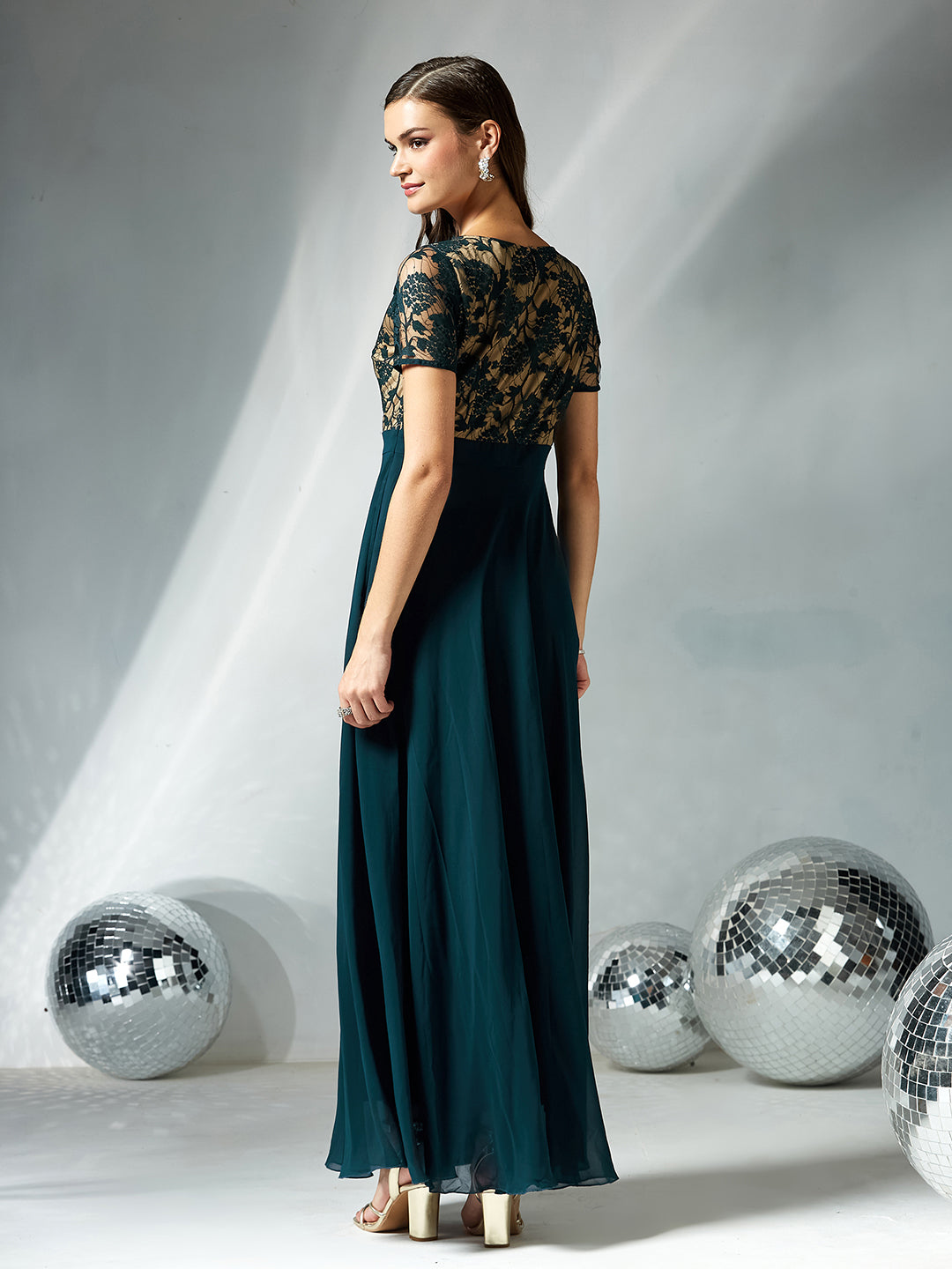 Women's Teal Round Neck Half Sleeve Self Design Fit & Flare Georgette Maxi Dress