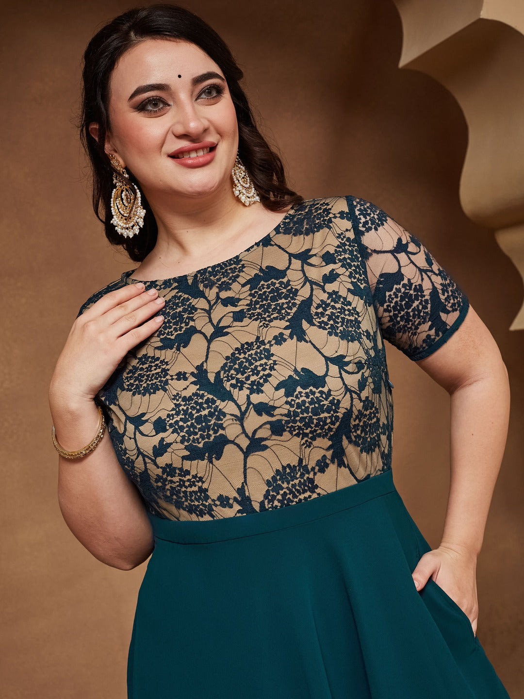Teal Round Neck Half Sleeve Self Design Fit & Flare Georgette Maxi Dress for Women