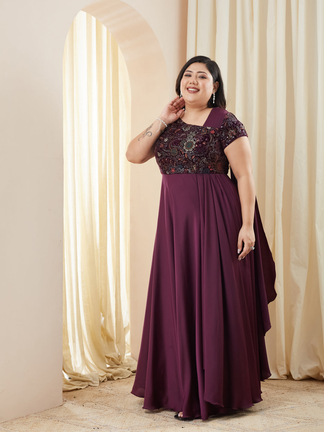 Purple Asymmetric Draped Gown in Embroidered Luxe Satin for Women