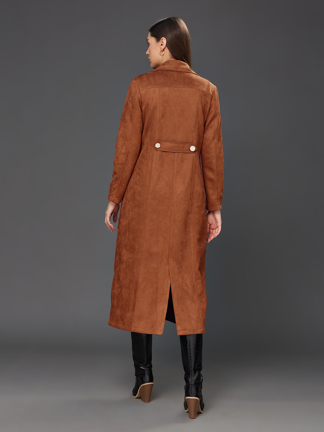 Brown Solid V-Neck Full Sleeves Patched Pocketed Polyester Button Down Longline Winter Wear Jacket for Women — Miss Chase