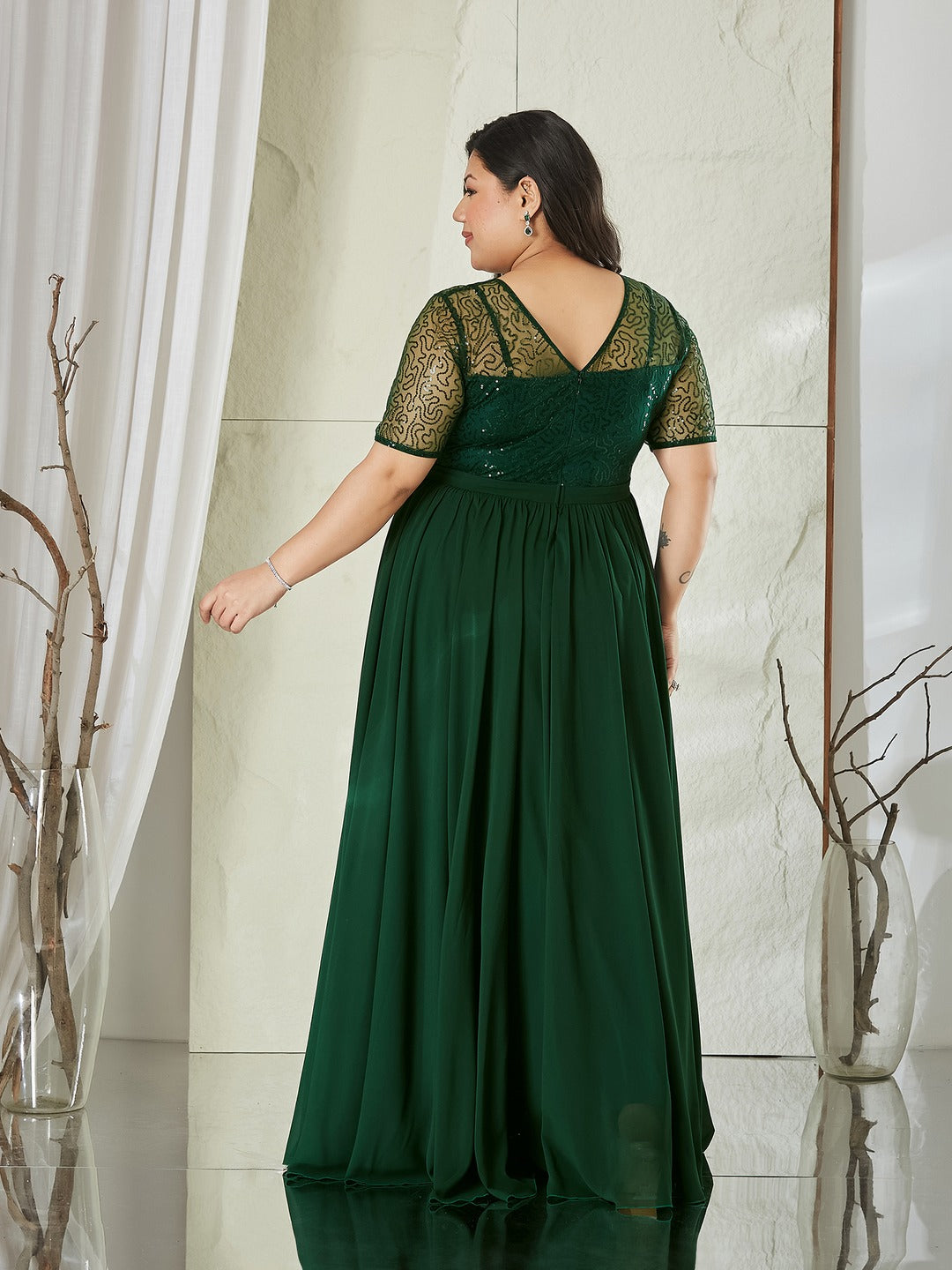 Dark Green Relaxed Fit Maxi Georgette & Sequins Dress for Women