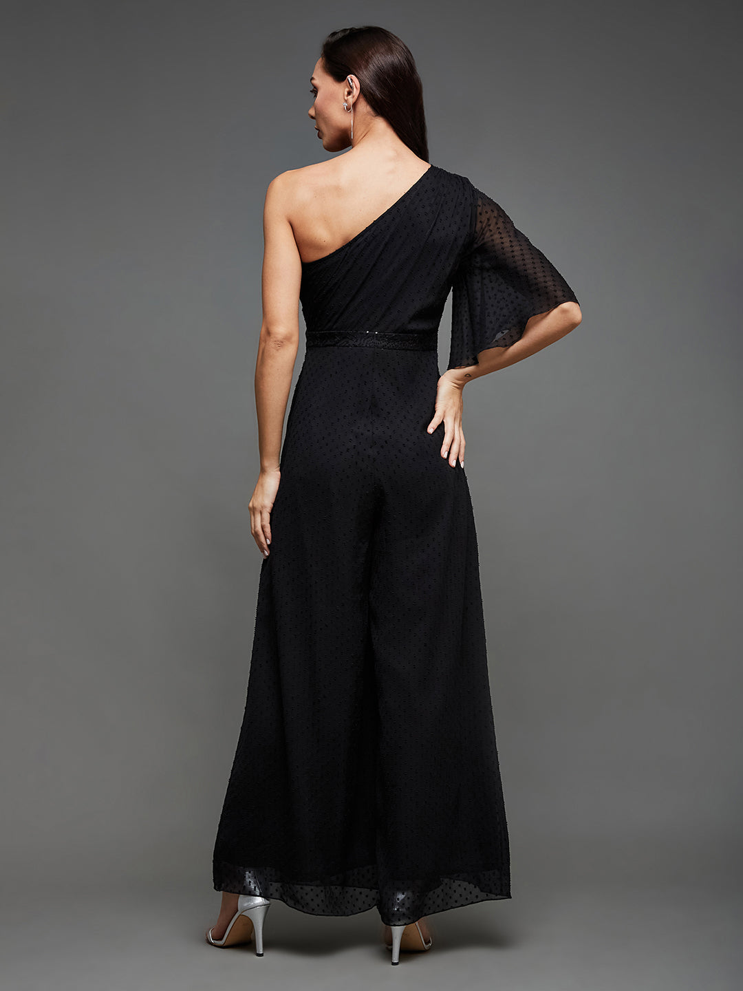 Women's Cocktail Black Flared Sleeve Sequined One Shoulder Chiffon Party Jumpsuit