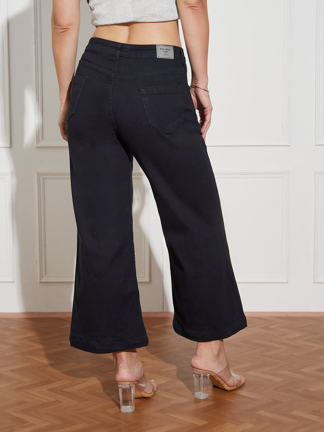 Women's Black Wide-Leg Mid Rise Clean Look Cropped Stretchable Denim Jeans