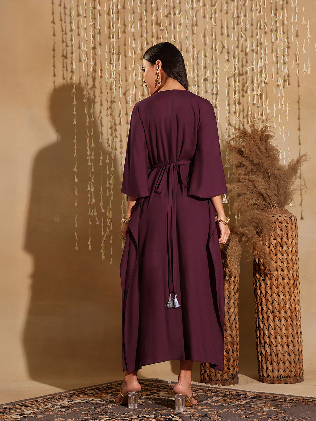 Women's Wine V-Neck 3/4 Sleeve Solid Viscose Rayon Maxi Kaftan Dress