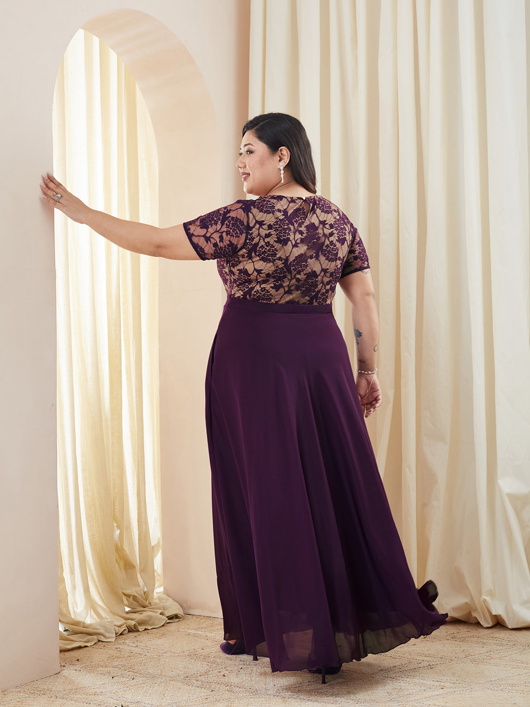 Dark Purple Round Neck Half Sleeve Self Design Fit & Flare Georgette Maxi Dress for Women — Miss Chase A+
