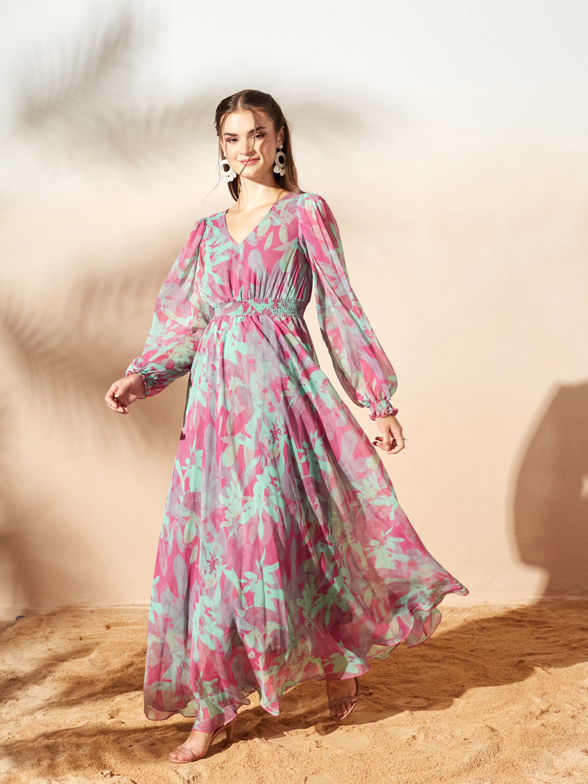 Pink & Mint Full Sleeves Floral Printed Fit and Flare Dress for Women