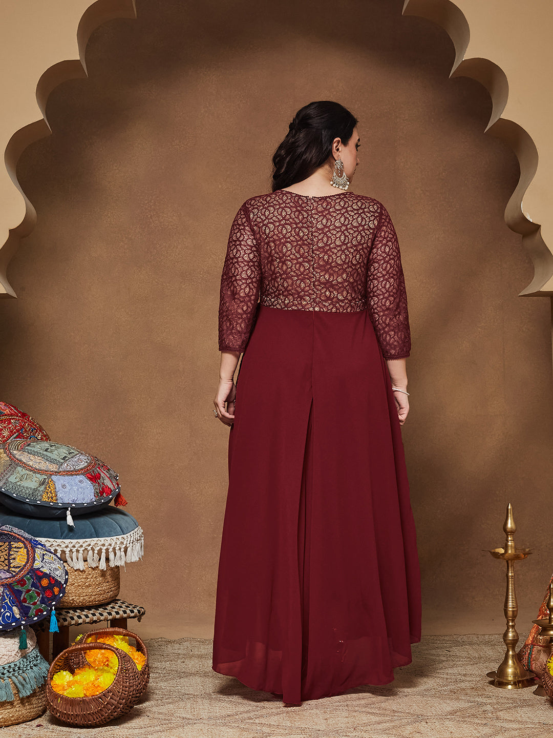 Maroon Floral Printed Relaxed Fit V-Neck 3/4Th Sleeve Georgette Maxi Dress  for Women — Miss Chase A+