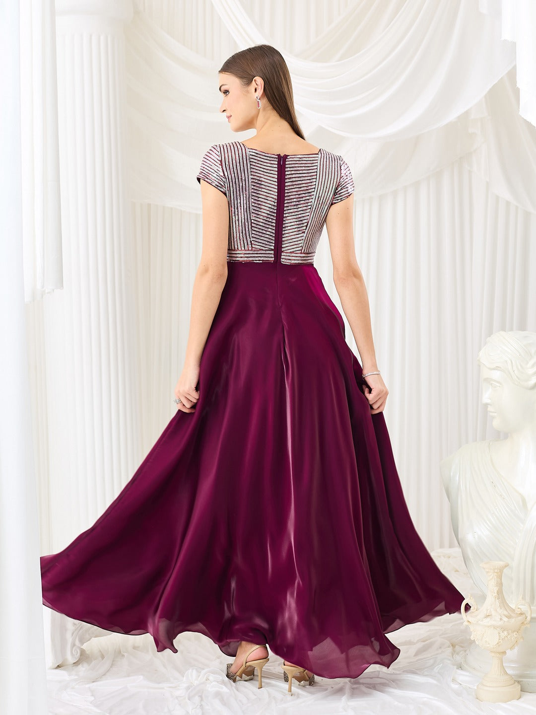 Embellished Dark Purple Gown in Luxe Pleated Satin with Sweetheart Neck for Women