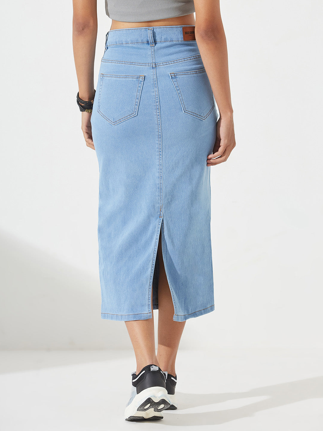 Light-Blue Straight-Fit High-Rise Midi Stretchable Denim Skirt for Women