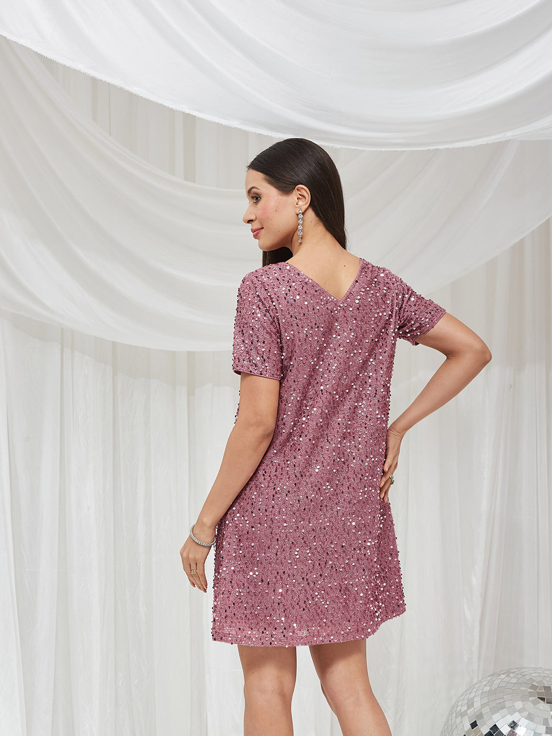 Lavender Round Neck Half Sleeve Embellished A-Line/ T-Shirt Knee-Long Sequined Dress for Women