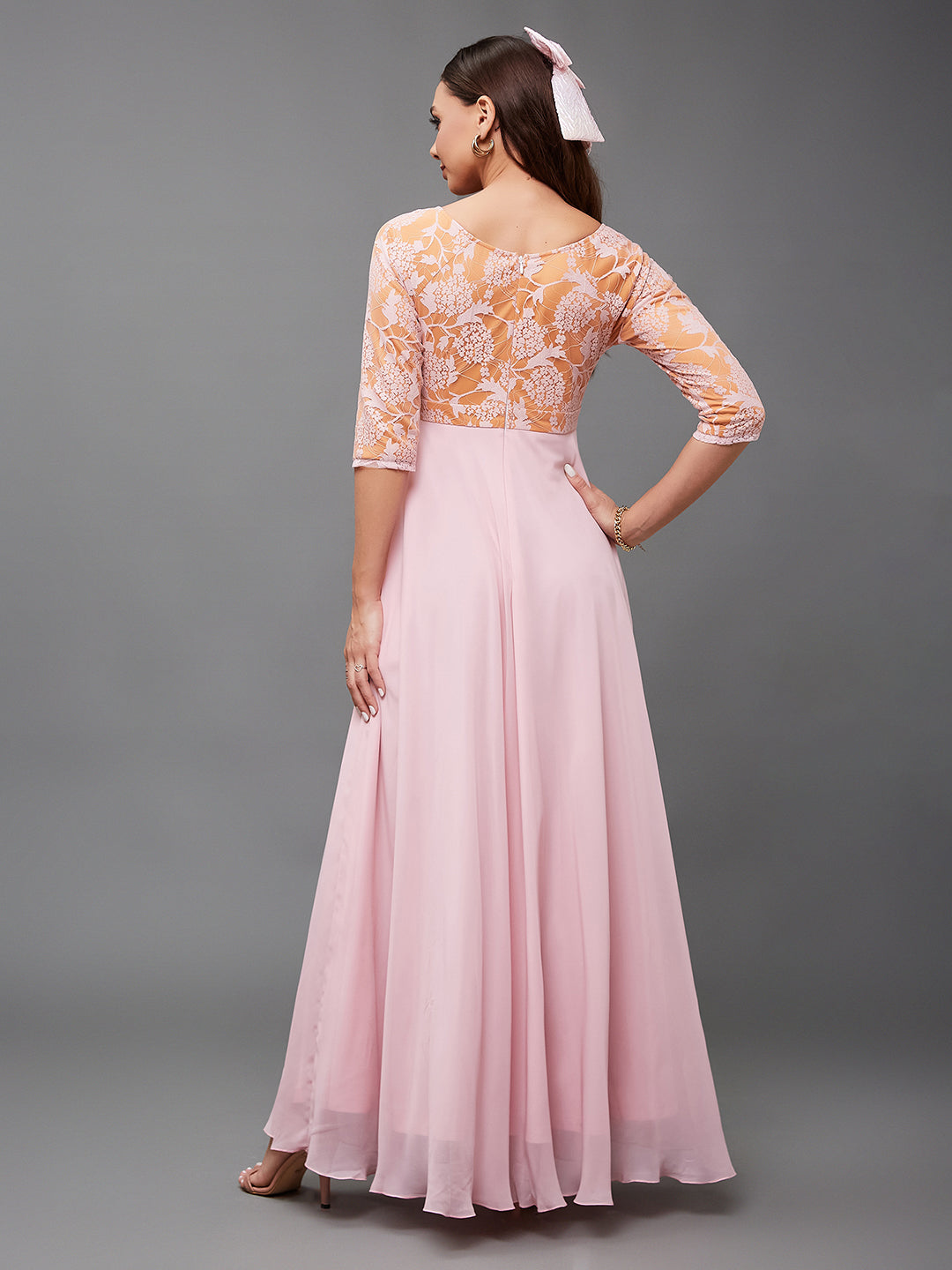 Women's Dusty Pink V-Neck Raglan-Sleeve Self-Designed Empire-Styled Georgette Maxi Dress