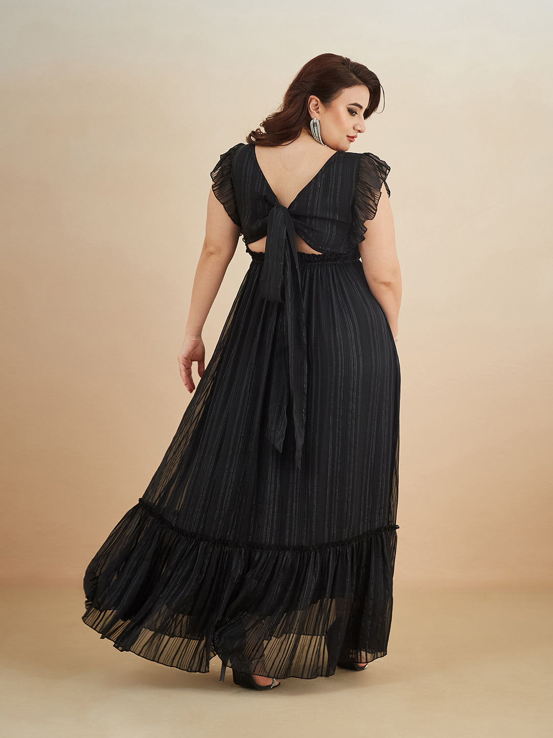 Black Square Neck Layered Ruffles Sleeve Floral Patterned Tiered Maxi Georgette Dress for Women — Miss Chase A+