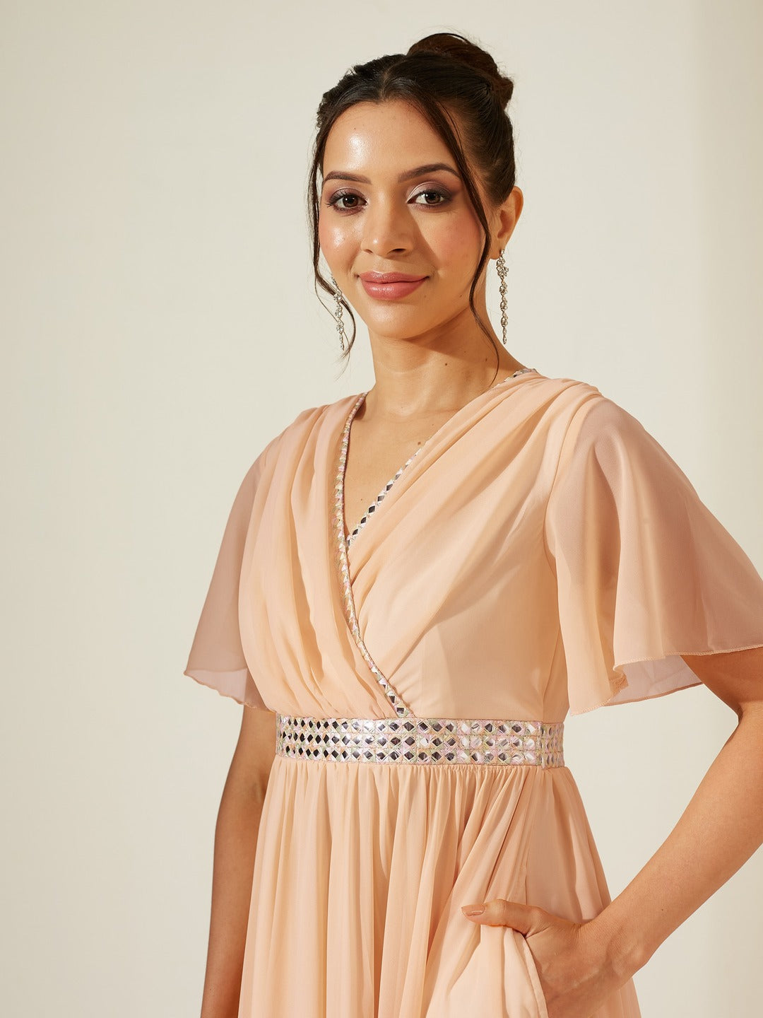 Peach V-Neck Flared/ Bell Sleeves Georgette Solid Fit & Flare Maxi Dress for Women