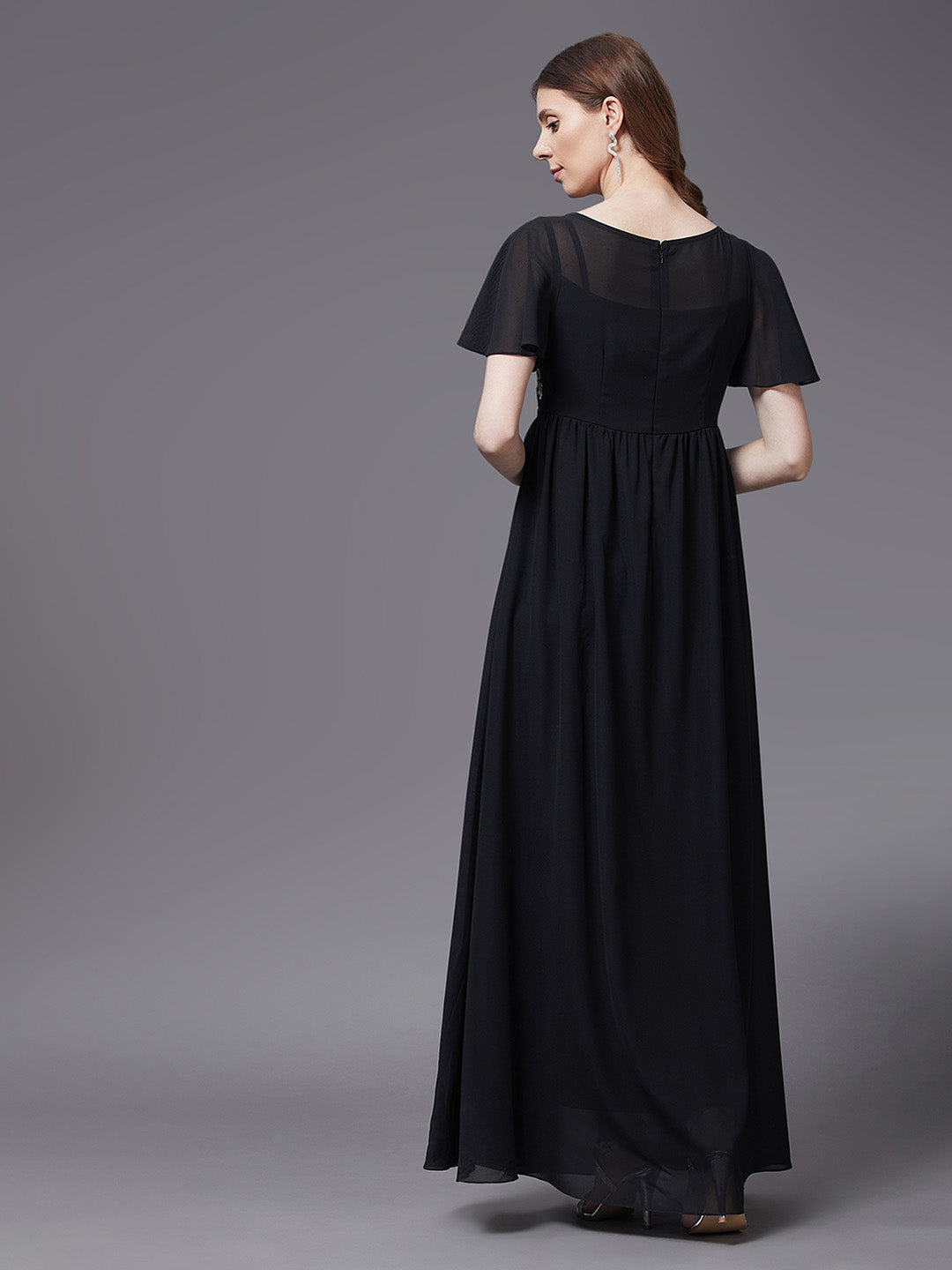 Women's Black Embellished Gathered Maxi Dress