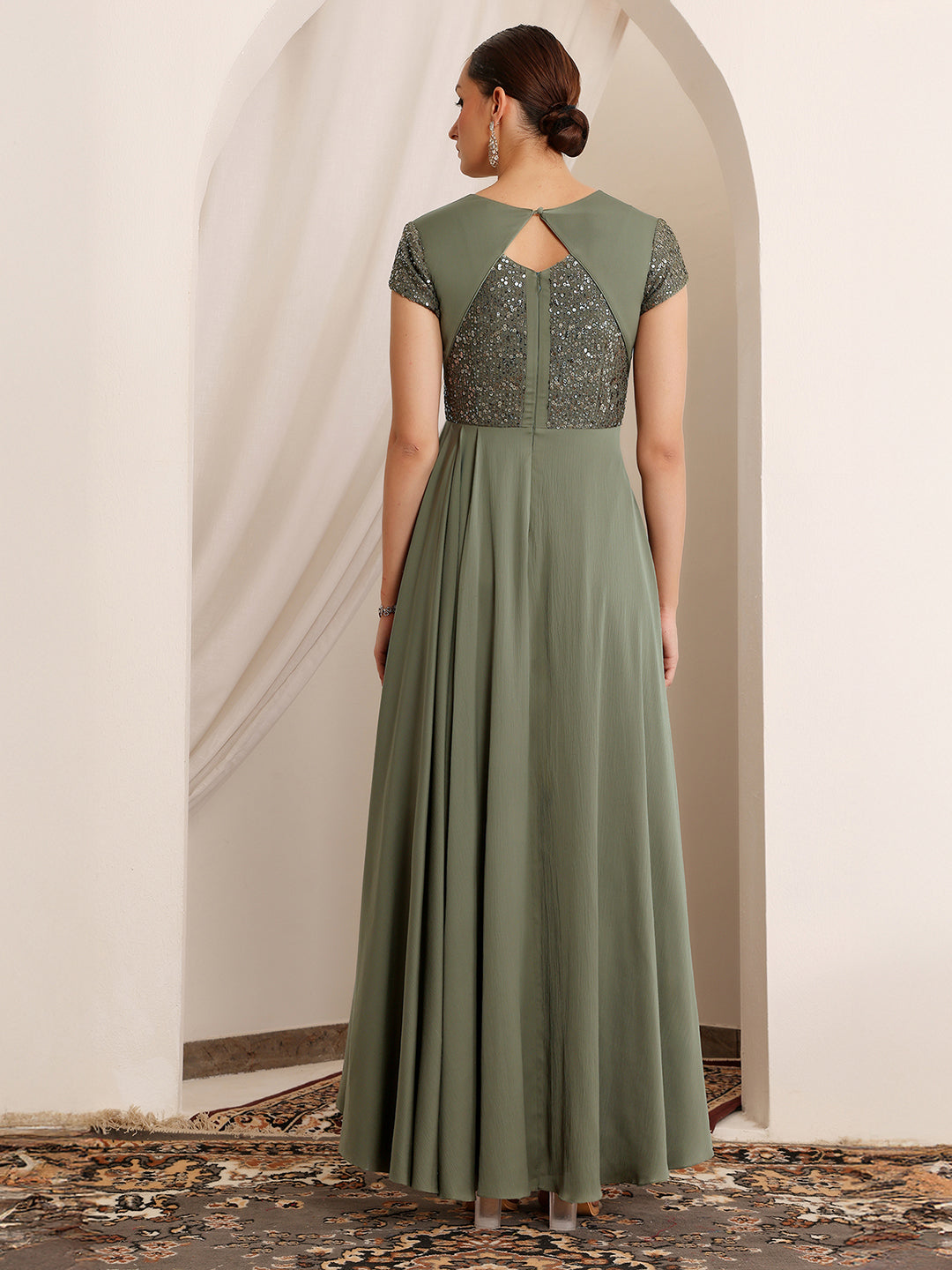 Women's Embellished Pale Olive Gown in Asymmetric Draped Premium Satin