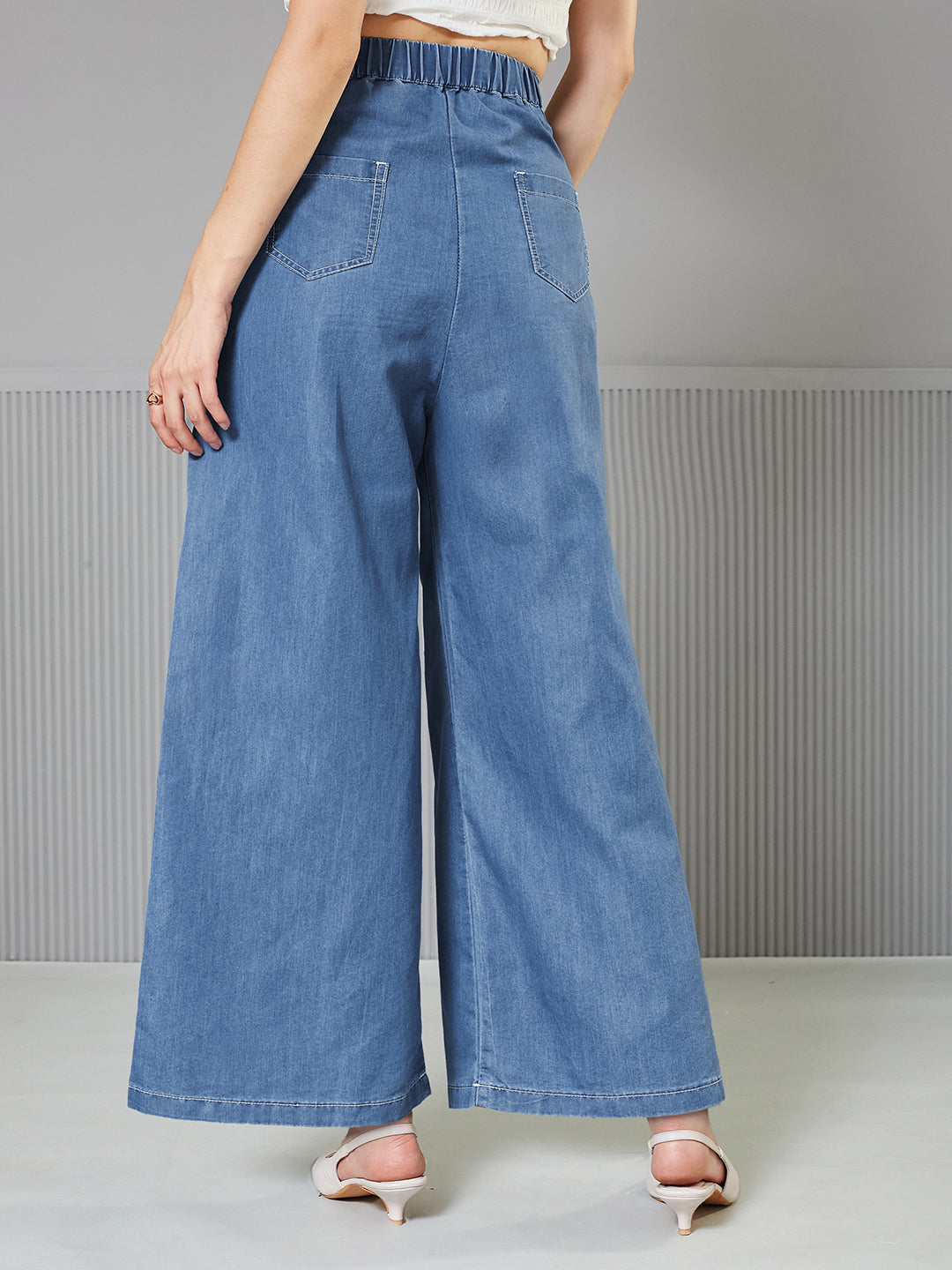 Women's Blue Flared Wide-Leg High-Rise Non Stretchable Light Weight Denim Pants