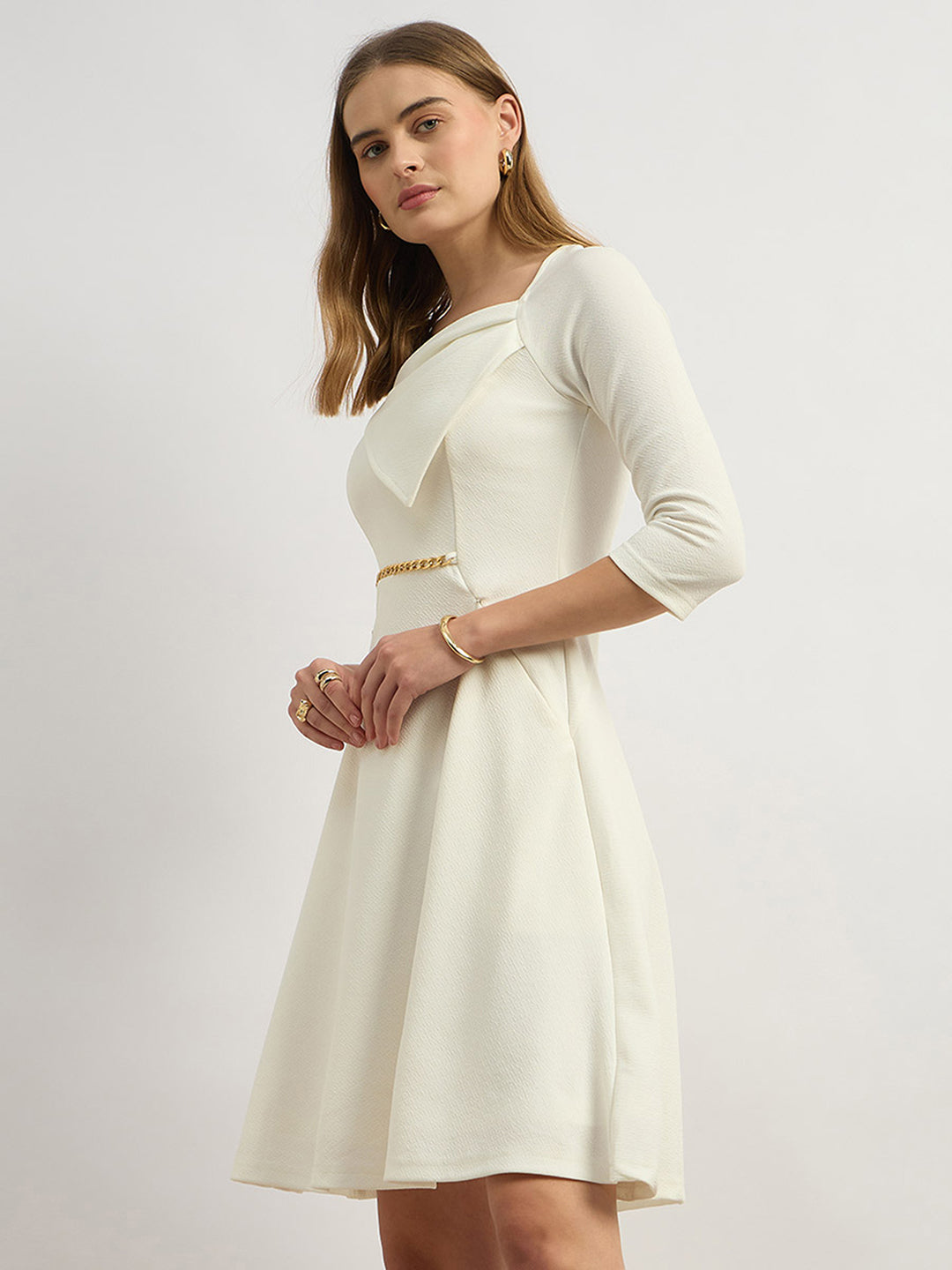 Women's Off White Solid Square Neck Raglan Sleeves Side Pocketed Polyester Fit and Flare Knee-Length Dress
