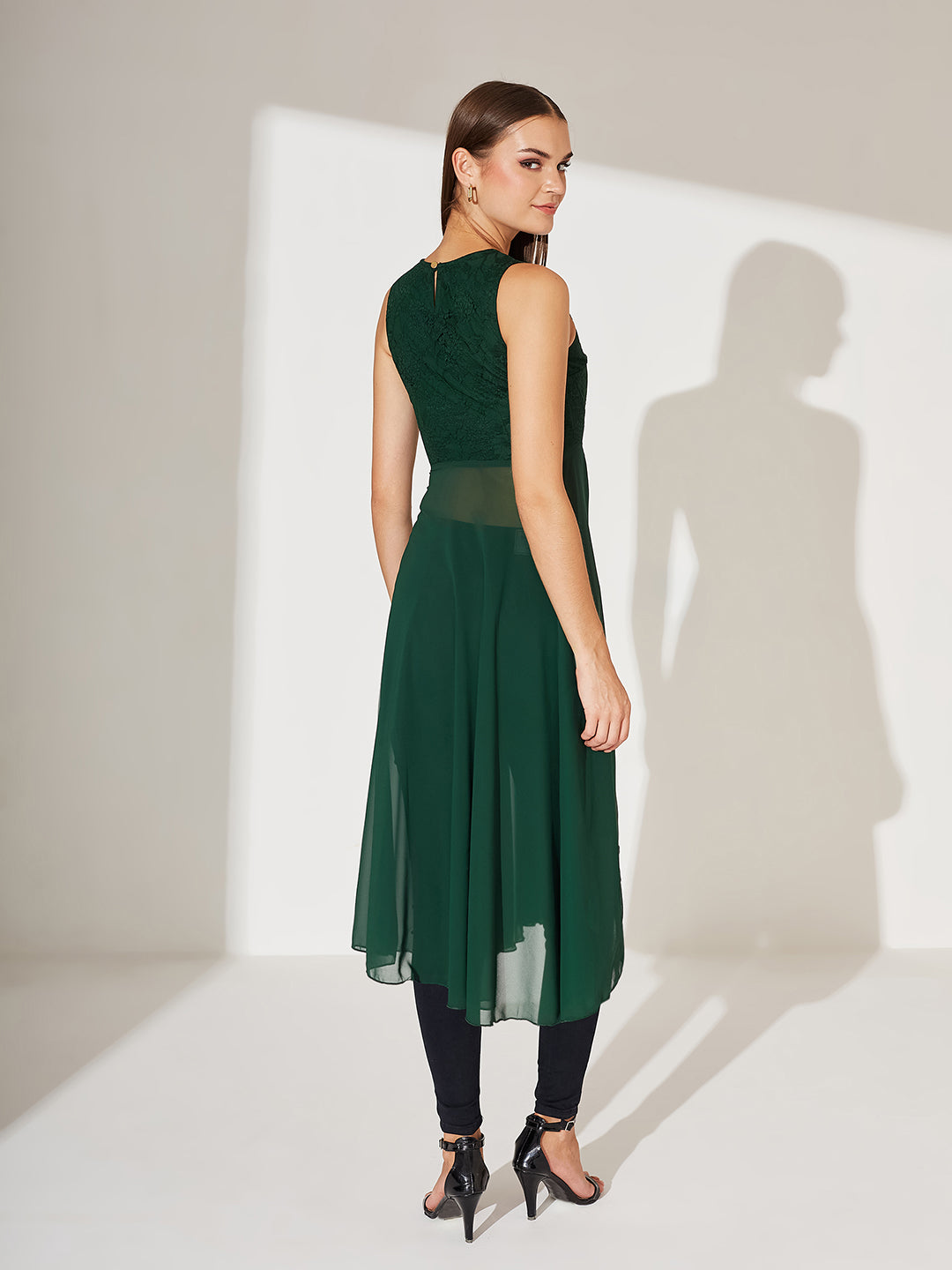 Forest Green Round Neck Sleeveless Solid Lace Overlaid Maxi Top for Women