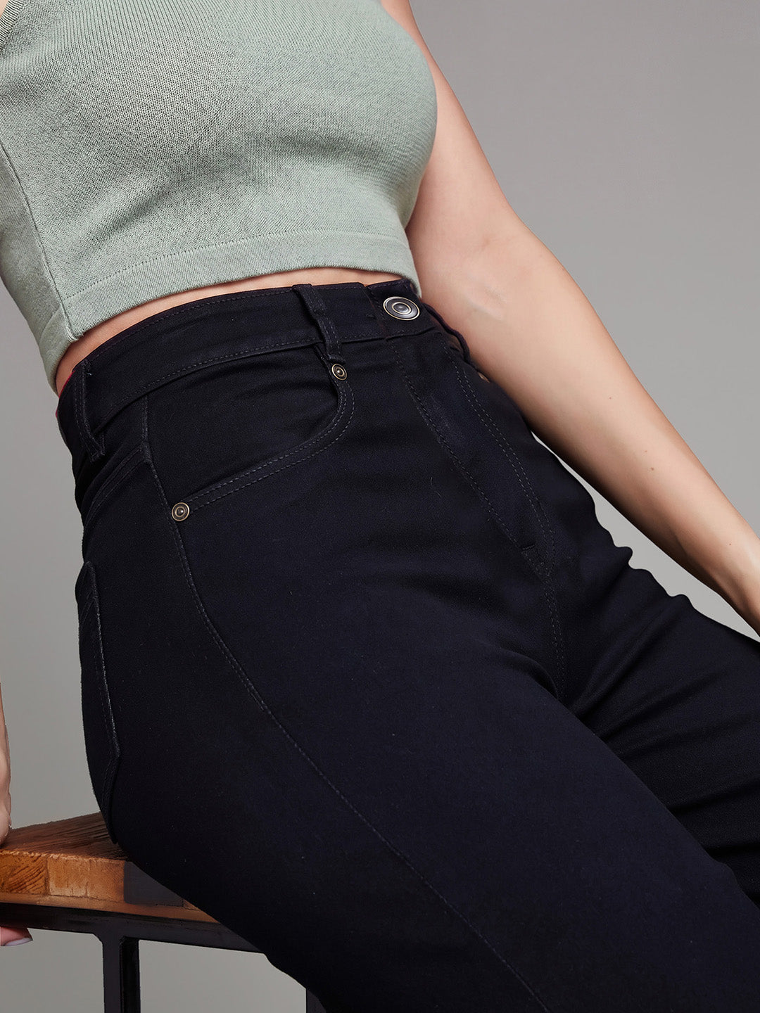 Black High Rise Stretchable Wide Leg Denim Jeans for Women