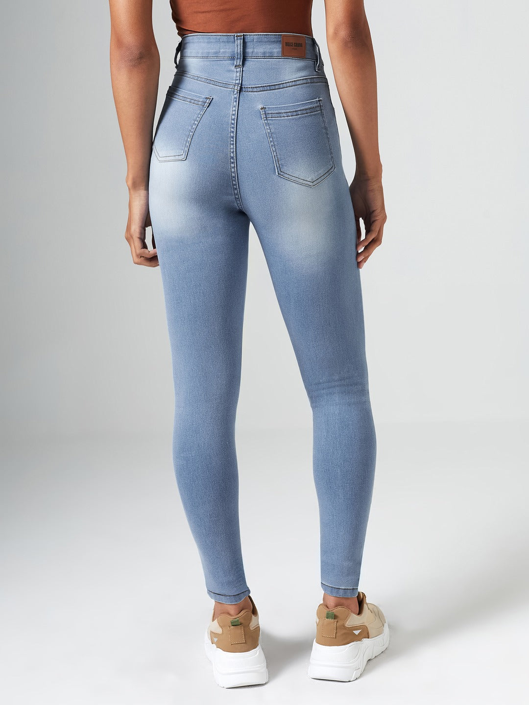 Light Blue High-Rise Mildly-Distressed Regular-Length Stretchable Denim Skinny Jeans for Women