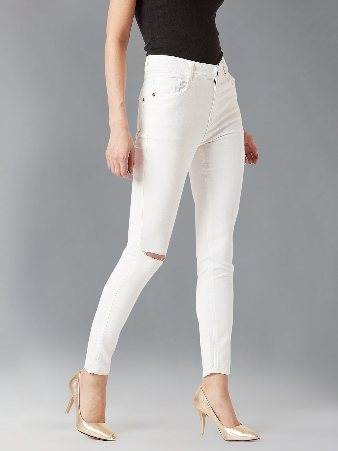 Women's White Skinny High Rise Knee Slit Bleached Stretchable Denim Jeans