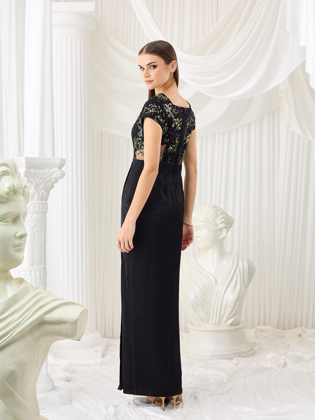 Black Sweetheart-Neck Raglan-Sleeve Embellished Draped Maxi Velvet Dress for Women