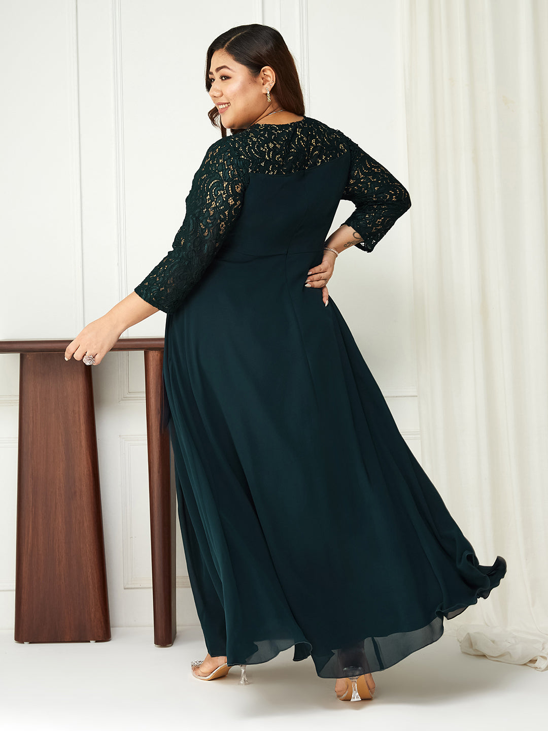 Women's Teal V-Neck 3/4 Sleeve Self-Designed Wrap-Styled Georgette Maxi Dress