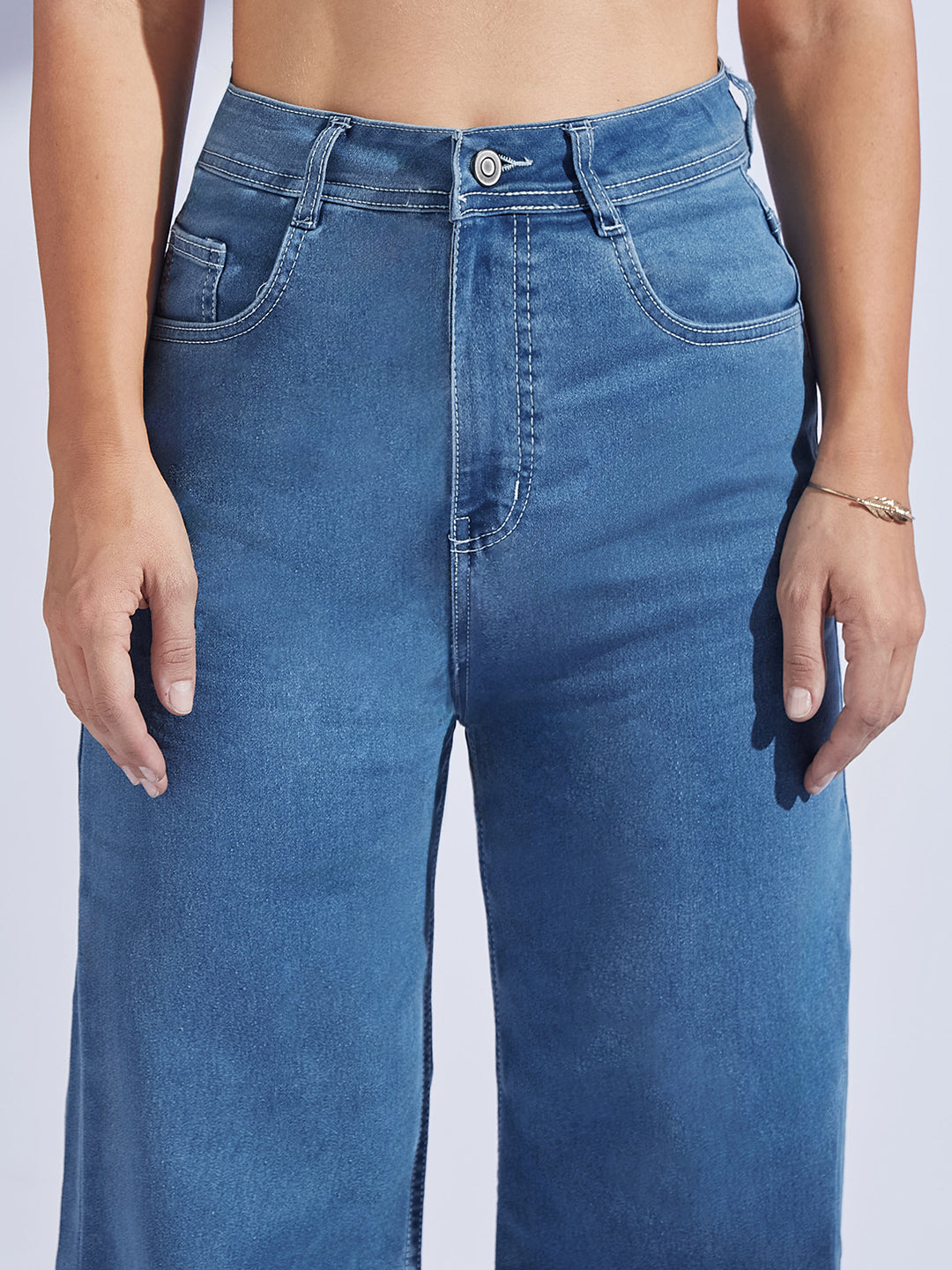 Women's Blue Wide-Leg High-Rise Stretchable Denim Jeans