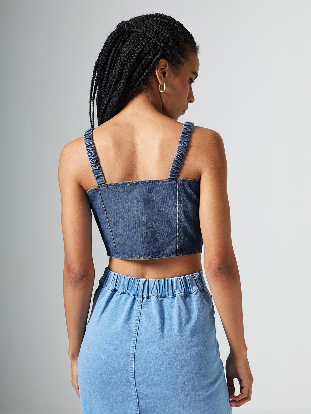 Mid Blue V Neck Elasticated Straps Sleeve Solid Waistcoat-Styled Cropped Denim Top for Women