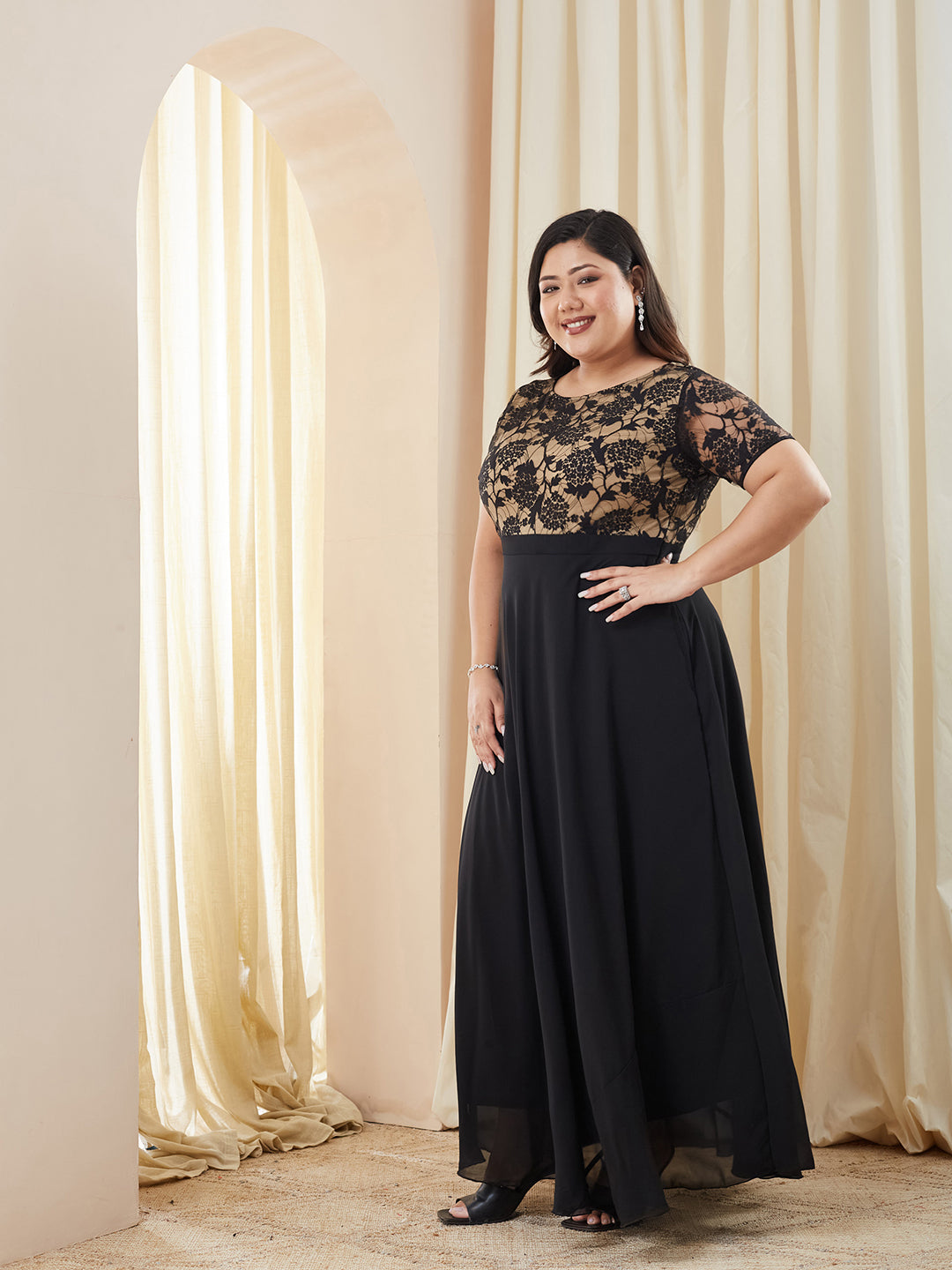 Black Round Neck Half Sleeve Self Design Fit & Flare Georgette Maxi Dress for Women — Miss Chase A+