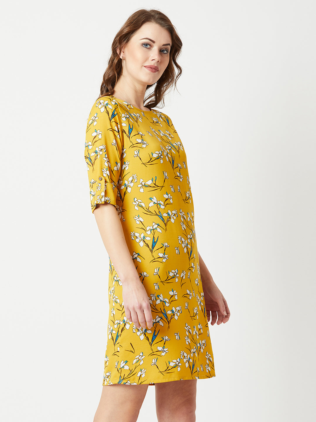 Women's Multicolored With A Yellow Base Round Neck 3/4 Sleeve Floral Knee-Long Shift Dress