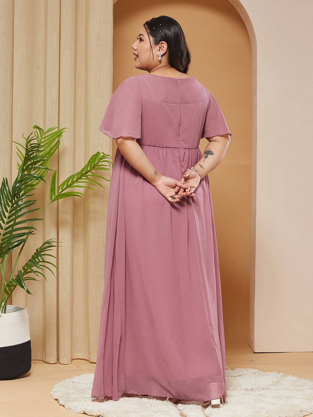 Dusty Lavender Boat-Neck Half-Sleeves Solid Embellished Georgette Maxi Dress for Women