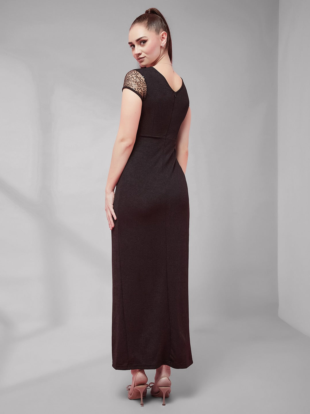 Black Sweet-Heart Neck Short Sleeve Embellished Gathered Polyester Maxi Dress for Women