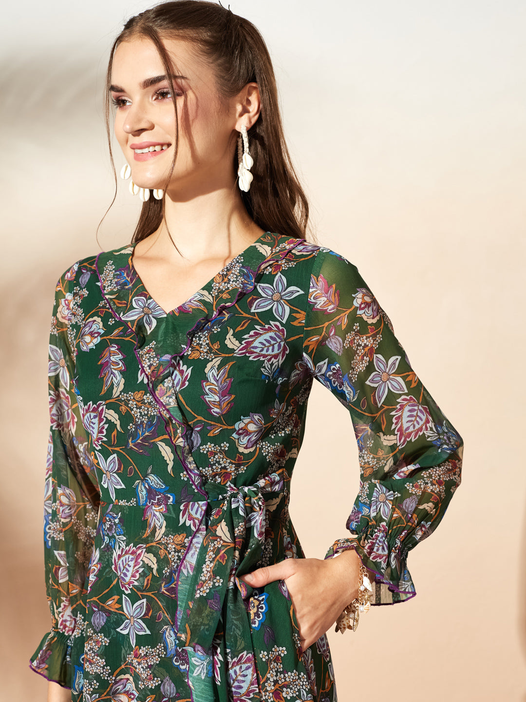 Women’s Multicolored Forest Green Bohemian Ruffled Tie-Up Midi Chiffon Dress for Women