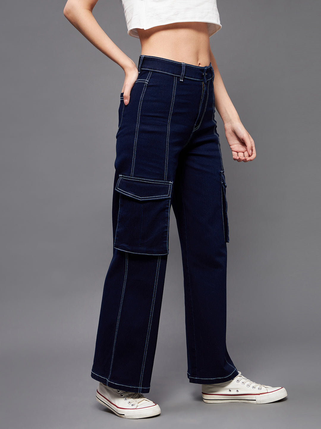 24/7 Comfort Women's Navy Blue Wide leg Cargo High rise Regular Stretchable Baggy fit Denim Jeans