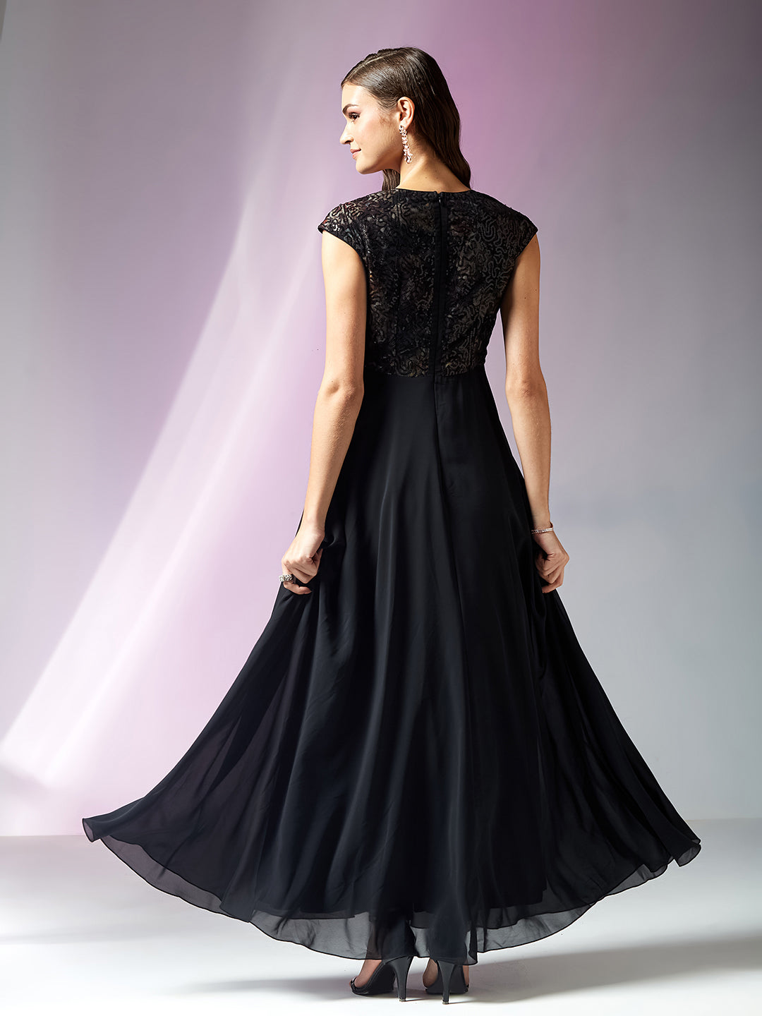 Black Extended Shoulder Embellished Georgette Maxi Dress for Women