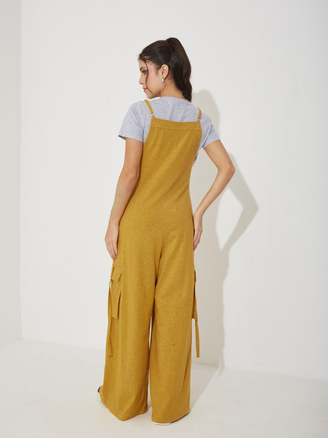 Gold and Grey Round Neck Half Sleeve Solid Regular Fit Cotton Dungaree Co-Ord Set for Women