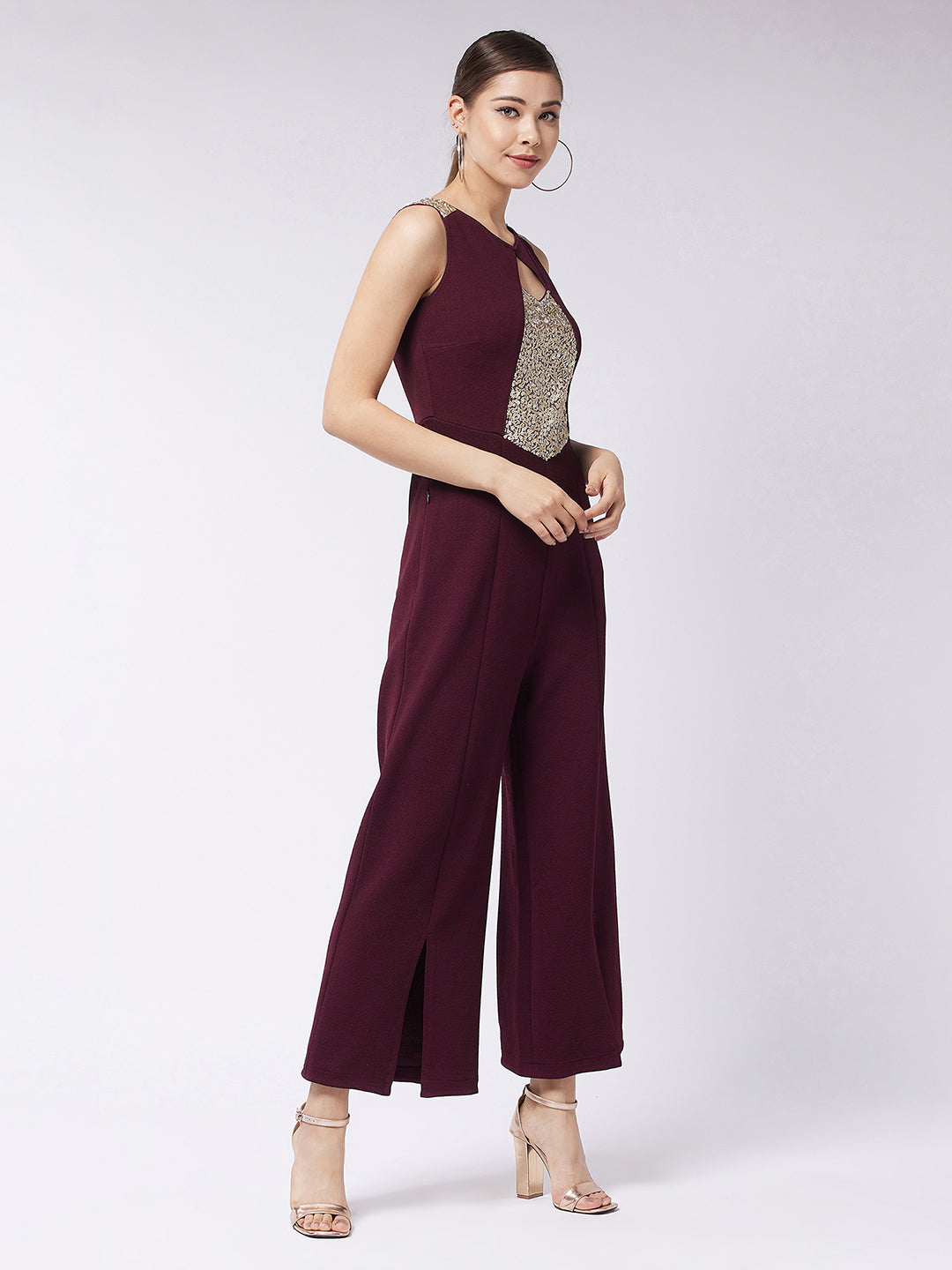 Crease Ease Women's Wine Round Neck Sleeveless Solid Paneled Jumpsuit