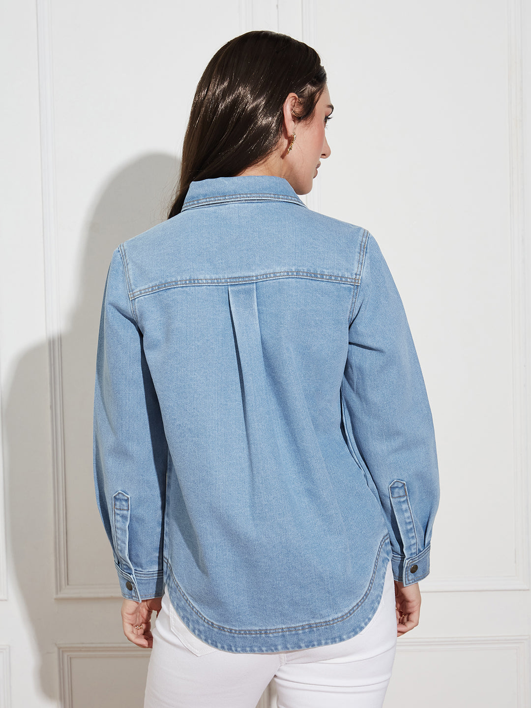 Women’s Light Blue Asymmetric Denim Shirt – Full Sleeves, Relaxed Fit, Collared