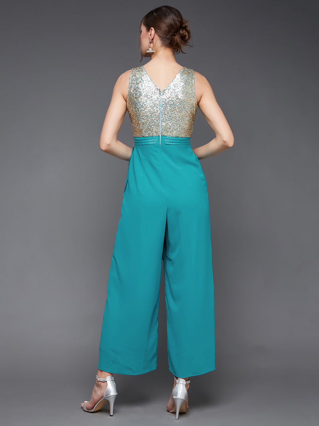 Women's Turquoise Round neck Sleeveless Gold Sequined Layered  Party Jumpsuit