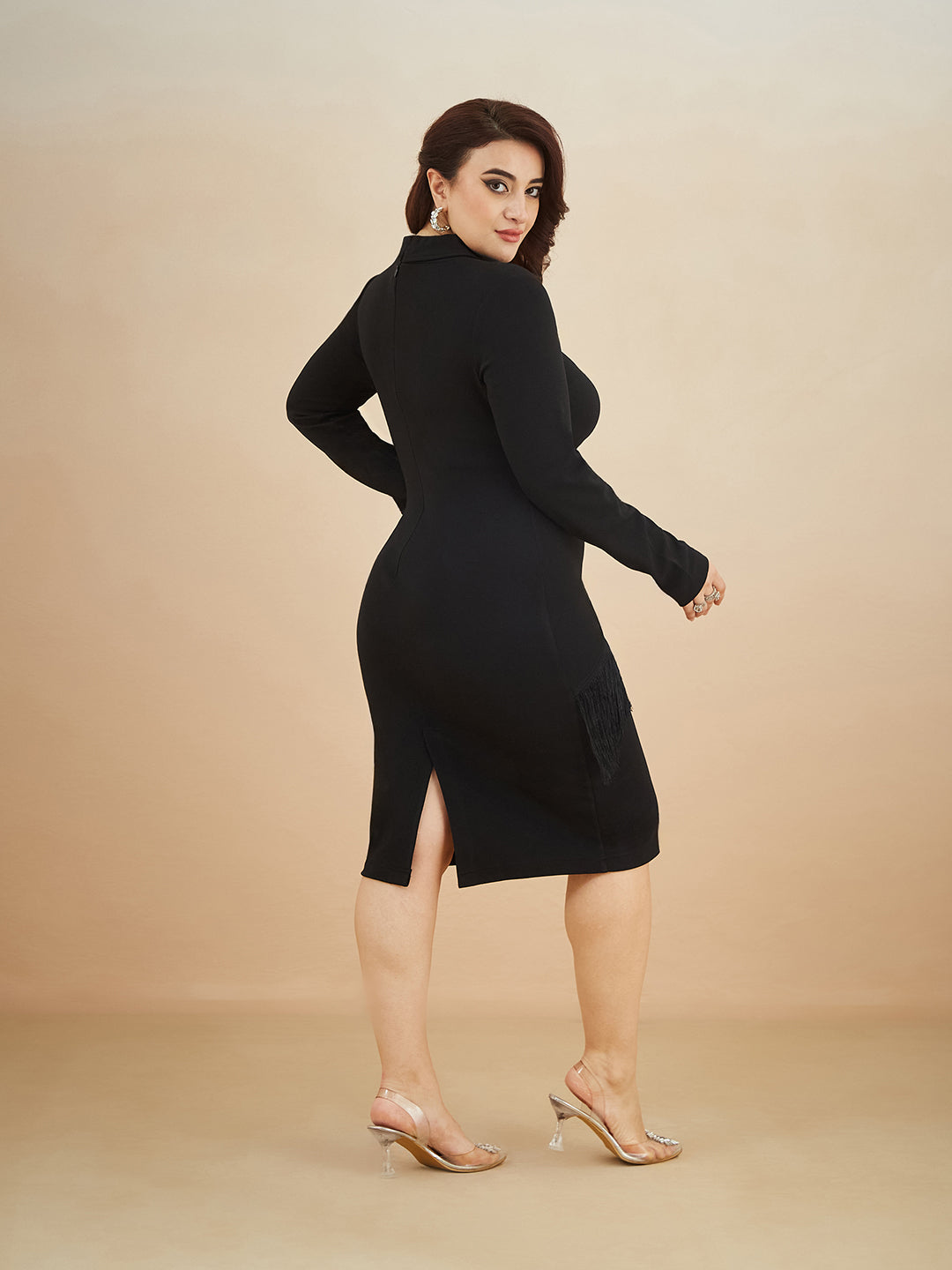 Black Solid Collared Neck Full Sleeve Polyester Bodycon Knee Length Dress for Women — Miss Chase A+