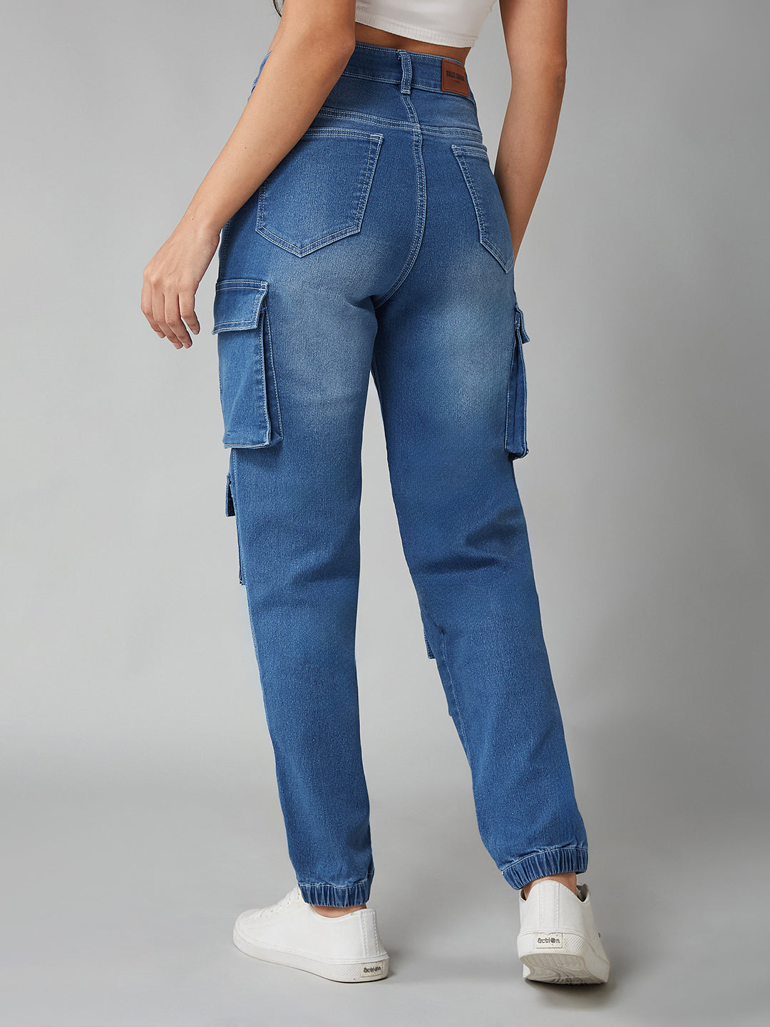 Women's Mid-Blue Regular High-Rise Regular Stretchable Denim Joggers